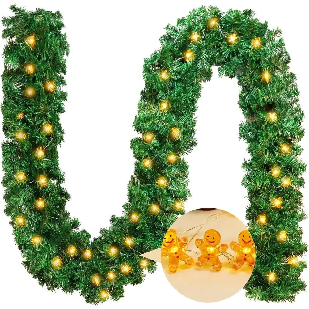 Christmas Garland with Lights, 9FT Artificial Pine with 50 Gingerbread Men